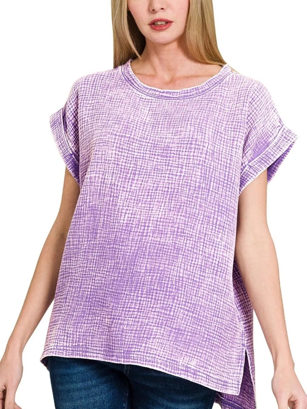 Zenana Lavender Woven Double Gauze Acid Washed Short Sleeve Top